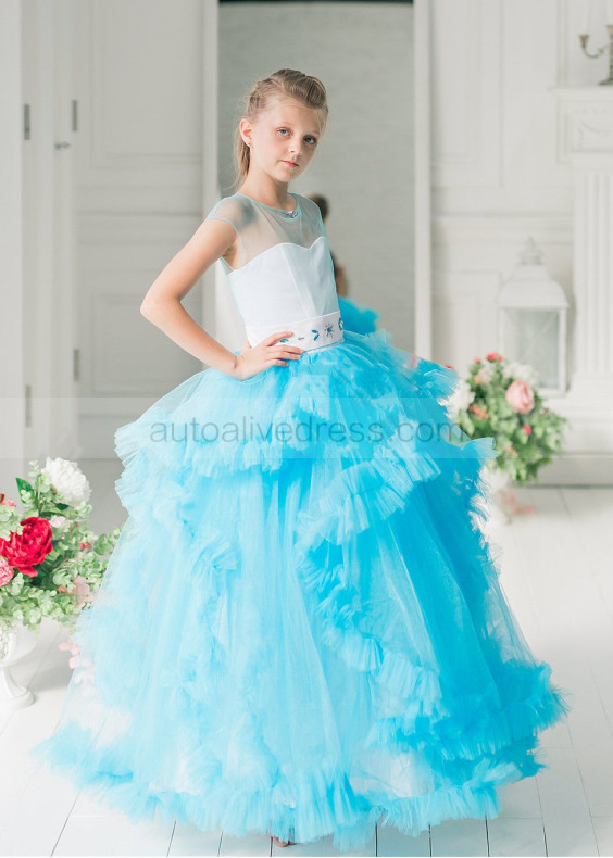 Cap Sleeves Blue Tulle Clouds Ruffled Flower Girl Dress